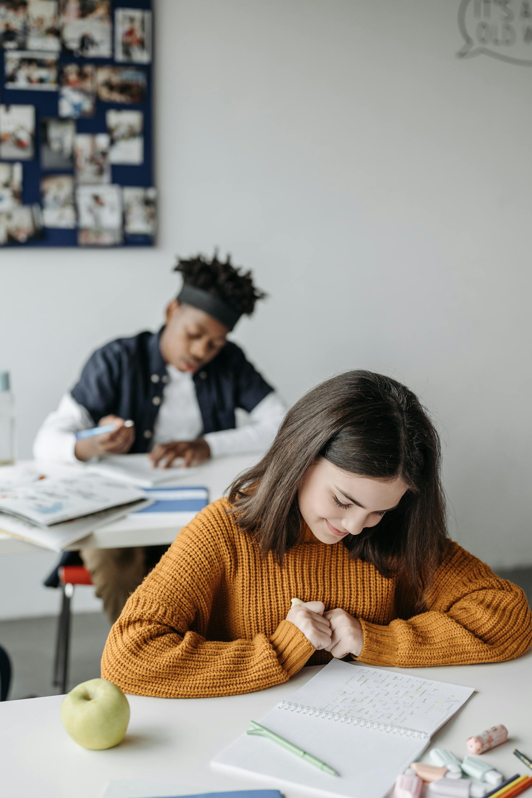 Two students concentrating on their work in a cozy classroom environment.